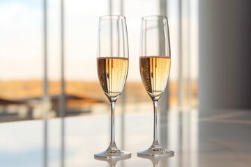 Two champagne glasses on a table - obrazy, fototapety, plakaty