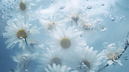 Вaisies floating in blue water, Chamomile flowers on a background of blue water, daisies underwater, Daisies in blue water, 