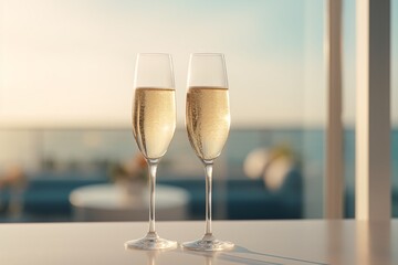 Two champagne glasses on a table - obrazy, fototapety, plakaty