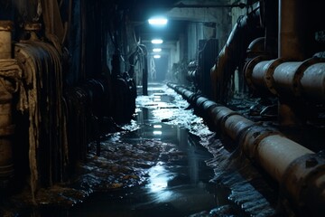 Leaking pipes in a factory or underground sewage pipes - obrazy, fototapety, plakaty
