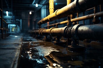 Leaking pipes in a factory or underground sewage pipes - obrazy, fototapety, plakaty