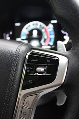 Block of control buttons for vehicle systems on the right side of the steering wheel
