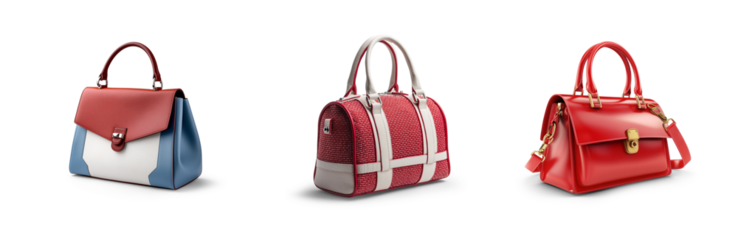 set collection of stylish women handbag purse, red and white leather, different colors and style, luxury elegant ladies hand bags isolated on white png transparent background
