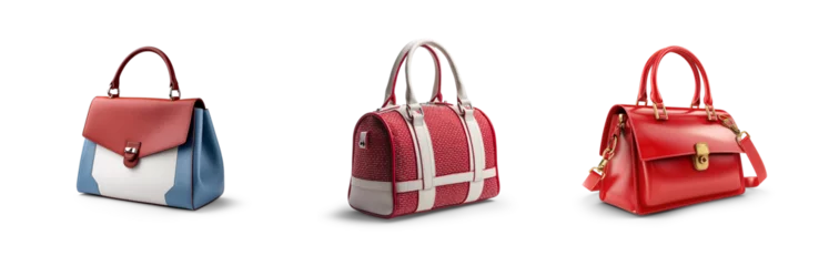 Foto auf Acrylglas set collection of stylish women handbag purse, red and white leather, different colors and style, luxury elegant ladies hand bags isolated on white png transparent background © sizsus