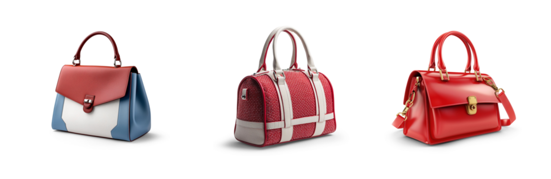 set collection of stylish women handbag purse, red and white leather, different colors and style, luxury elegant ladies hand bags isolated on white png transparent background