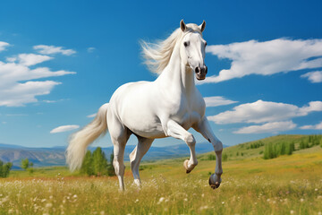 Obraz na płótnie Canvas Majestic White Horse Galloping in Vibrant Meadow