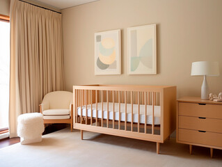Interior of a children's room in beige tones with a crib