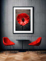 Modern interior with red armchairs and picture on the wall