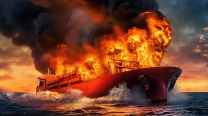 Fire on a container ship at sea. Shipping is one of the most important engines of the modern...