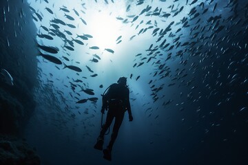 A scuba diver swimming with a group of fishes