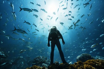 A scuba diver swimming among the fish herd - obrazy, fototapety, plakaty