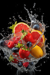 A dynamic image capturing various fresh fruits including strawberries, blueberries, raspberries, and citrus slices amidst a dramatic splash of water, accentuating freshness and vitality.