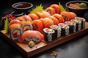  A vibrant image showcasing a variety of sushi, including nigiri and rolls, beautifully arranged on a wooden platter. The sushi is accompanied by wasabi, ginger, and dipping sauces, making it a comple