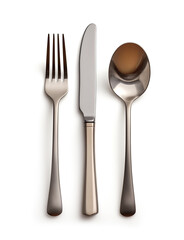A high-resolution image showcasing a set of elegant silverware, including a fork, knife, and spoon, neatly arranged and isolated against a white background. The utensils exhibit a modern design with s
