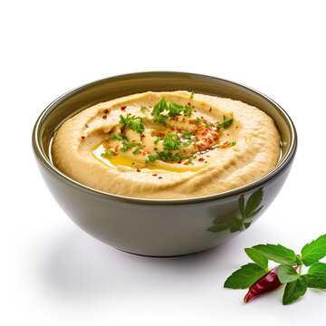 A close-up image showcasing a bowl of creamy, smooth hummus, garnished with fresh herbs and spices. The hummus is presented in a dark bowl, making the light color of the dip stand out. A sprig of mint