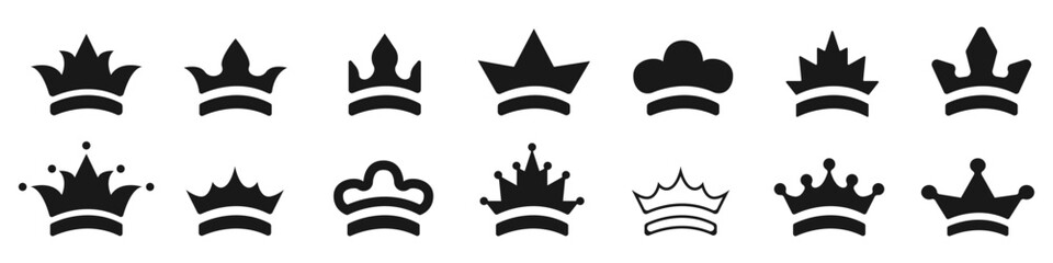Black crowns vector icon set. King crown icon collection. Attributes of the power of the crown in different variants vector. Symbol of the kingdom. Crown of monarchs icon vector set of silhouettes. - obrazy, fototapety, plakaty