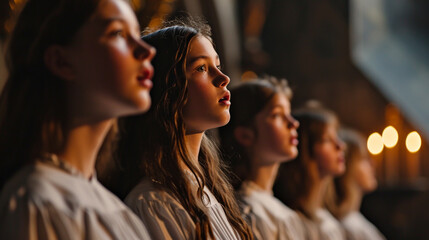 Palm Sunday Harmony of Voices:  A choir singing in harmony during a Palm Sunday service, capturing the essence of musical joy and devotion - obrazy, fototapety, plakaty
