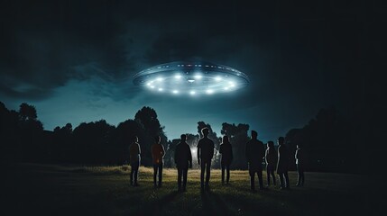 Contact with extraterrestrial civilizations. UFO - alien spaceship at night. Several people are fascinated looking at the UFO.