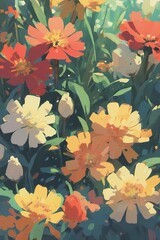 Vivid wildflowers in luminous sunlight