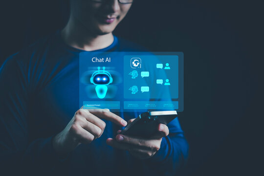 AI chatbot conversation using artificial intelligence technology smart robot AI, Generative AI, Answer, Businessman using AI to generate something, Customer support, laptop, assistant, Chat interface.