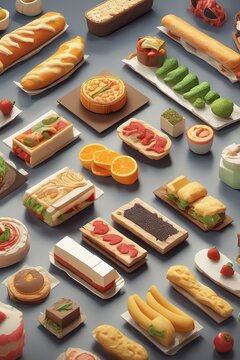 Colorful miniatures of food items arranged artistically