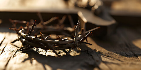 Fototapeta na wymiar Crown of thorns, with cross in the background, Holy Week