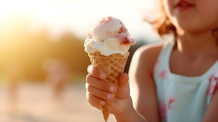 Ice cream in a waffle cup in a child's hand