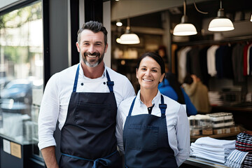 Dynamic business partners in the restaurant industry, working together with professionalism and success in a small cafe setting.