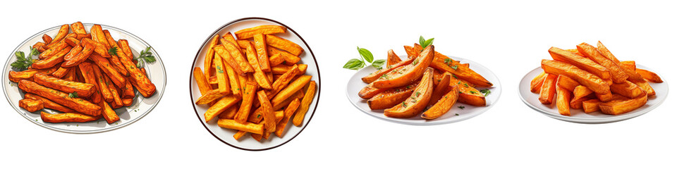 Plate of Sweet Potato French Frie Hyperrealistic Highly Detailed Isolated On Transparent Background Png File - obrazy, fototapety, plakaty