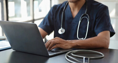 Close-up of a male doctor using a stethoscope while working and typing on a laptop in his office, generative ai