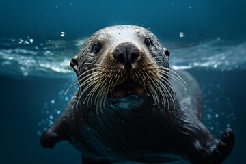 Fototapeta premium A sea lion or seal underwater looking at the camera