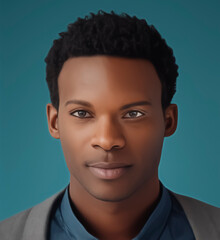 Obraz premium Dark skin man digital illustration Portrait isolated in minimalist flat background, realistic drawing of a Man, male profile avatar, handsome guy close up portrait shot 
