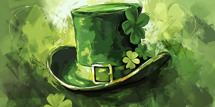 Illustration of leprechaun hat with four leaf clovers, St. Patrick's Day
