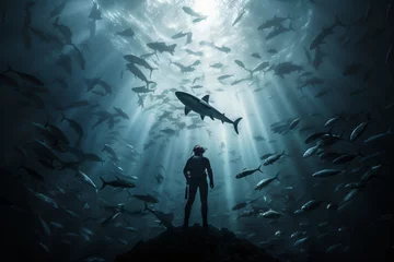 Foto op Plexiglas A scuba diver swimming around shark and smaller fishes © Tarun