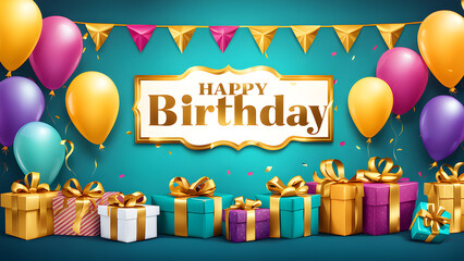 happy birthday banner with golden text 