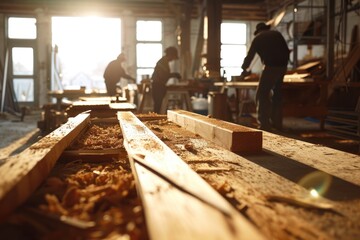 A Team of Carpenters Demonstrates Creativity and Craftsmanship, Measuring and Cutting Wood for Custom-Built Furniture and Finishes in a New Building