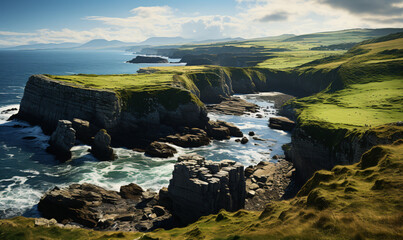 Coastal landscape with green cliffs, rocky formations, and a vibrant blue sea under a clear sky.
 - Powered by Adobe
