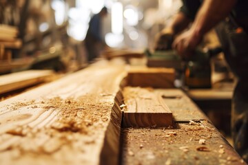 A Team of Carpenters Demonstrates Creativity and Craftsmanship, Measuring and Cutting Wood for Custom-Built Furniture and Finishes in a New Building