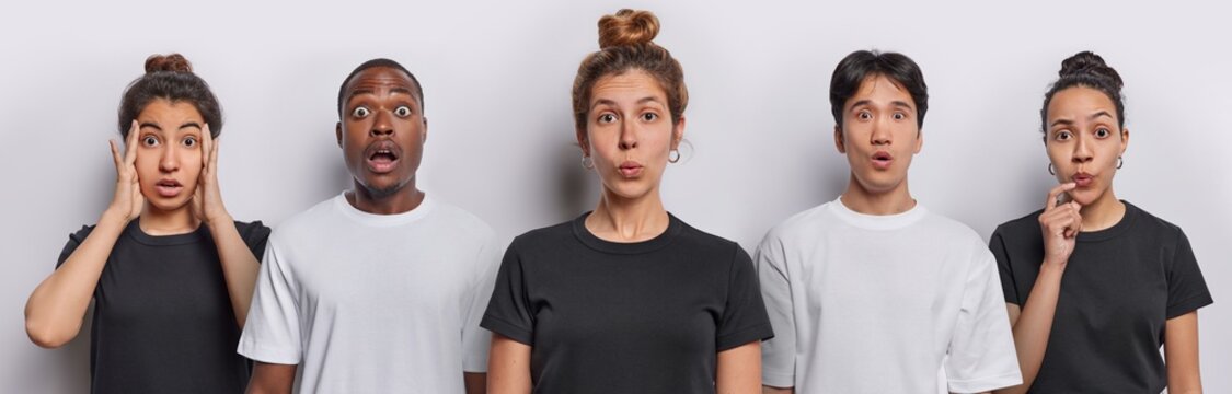 Collage shot of impressed shocked young people dressed in black and white casual t shirts react to something shocking and surprising stand in row isolated over white background. Omg concept.
