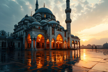 Naklejka premium A Magnificent Mosque with a Beautiful Sky View at Sunset
