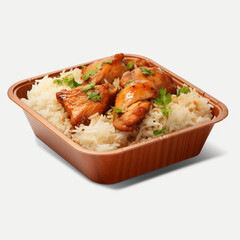 Box of spicey chicken with rice isolated on transparent background created with Generative Ai