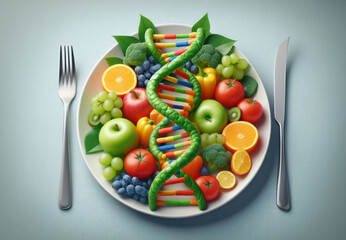 GMO food and Genetically modified crops or engineered agriculture concepts fruit and vegetables as a DNA strand - obrazy, fototapety, plakaty