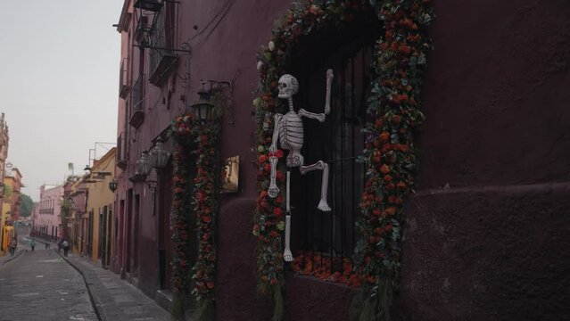 San Miguel de Allende, Mexico - Colorful Papel Picados, Skeletons and Skulls Display The Streets during Day of The Dead Dia de Los Muertos Festival