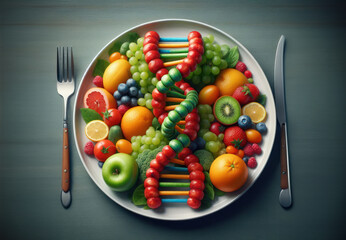 GMO food and Genetically modified crops or engineered agriculture concepts fruit and vegetables as a DNA strand
