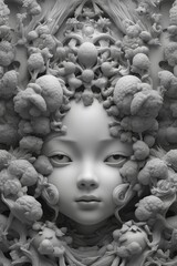 Monochromatic fantasy portrait encircled by nature's bounty