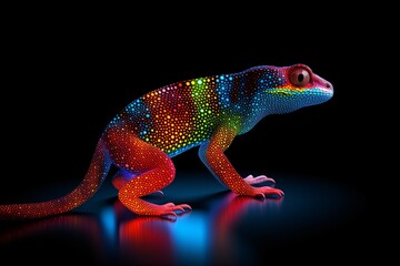 Fototapeta premium A colorful neon lizard isolated on a black background