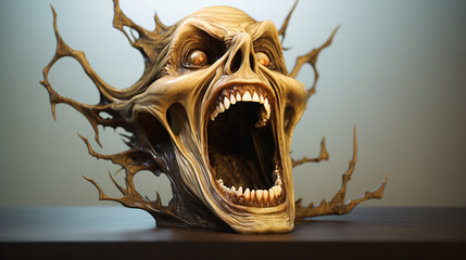 Simple, stylized, sculptural, 3D, illustration of a screaming skull symbolizing nightmare, horror, etc., 
