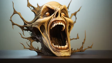 Fotobehang Simple, stylized, sculptural, 3D, illustration of a screaming skull symbolizing nightmare, horror, etc.,  © Ivan