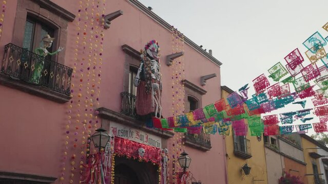 San Miguel de Allende, Mexico - Colorful Papel Picados, Skeletons and Skulls Display The Streets during Day of The Dead Dia de Los Muertos Festival