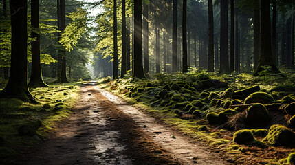 Sunlit forest path within tall trees and moss-covered ground.
